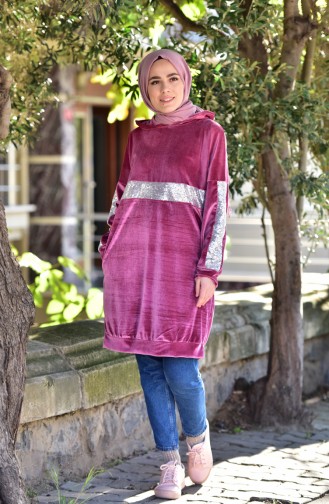 Payetli Kadife Tunik 0417-05 Gül Kurusu