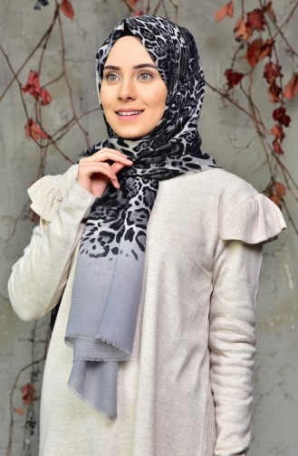 Leopar Desenli Kabartmalı Cotton Şal 2126-04 Gri