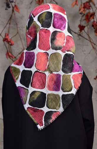 Stone Patterned Flamed Cotton Scarf 2133-13 White Green 2133-13