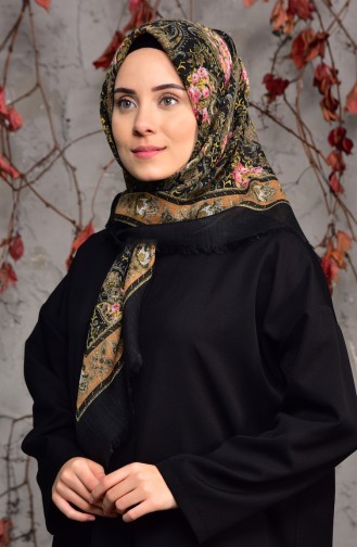 Şal Desenli Flamlı Cotton Eşarp 2134-06 Siyah Hardal 2134-06