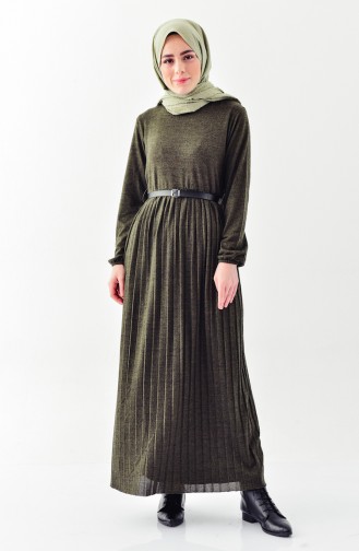 Triko Kemerli Elbise 3001-07 Haki Yeşil