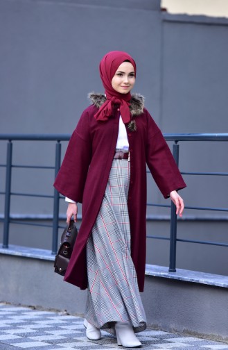 Plaid Patterned Flared Skirt 8104-05 Claret Red 8104-05