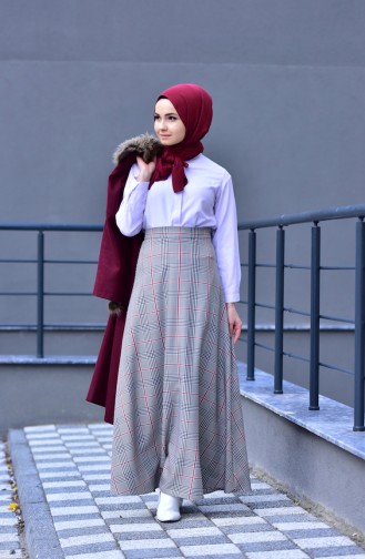 Plaid Patterned Flared Skirt 8104-05 Claret Red 8104-05