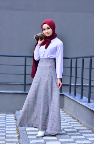 Plaid Patterned Flared Skirt 8104-05 Claret Red 8104-05