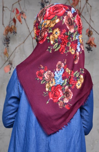 Flower Patterned Embossed Cotton Scarf 2136-06 Damson 2136-06