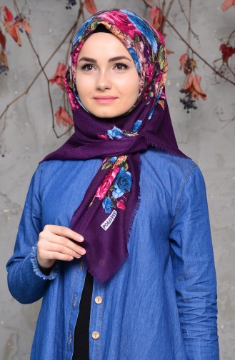 Flower Patterned Embossed Cotton Scarf 2136-09 Purple 2136-09