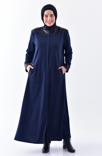 Plus Size Leather Garnished Abaya 5917-03 Navy Blue 5917-03