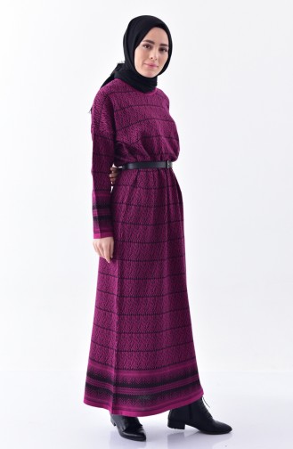 فستان تريكو بتصميم مُطبع 1029-02 لون ارجواني داكن 1029-02