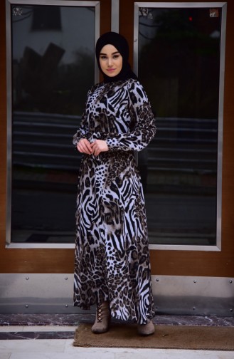 Leopar Desenli Elbise 0078-01 Kahverengi