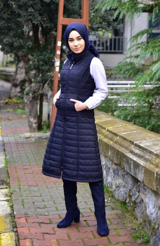 Zippered Quilted Long Vest 0254-02 Navy Blue 0254-02