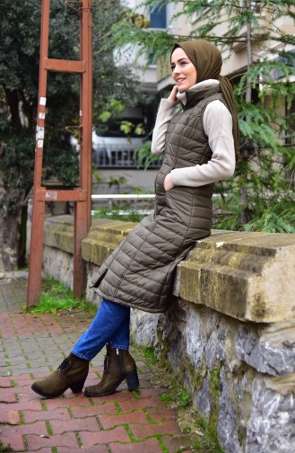 Zippered Quilted Long Vest 0254-04 Khaki 0254-04