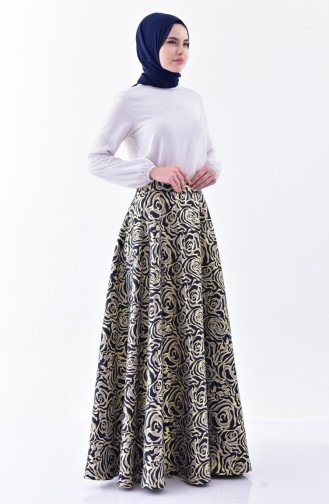 Printed Flared Skirt 7228-01 Navy 7228-01