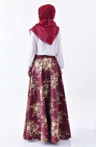 Patterned Flared Skirt 7229-01 Claret Red 7229-01