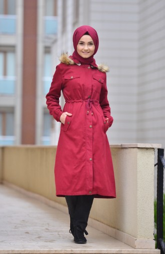 Fur Hooded Coat 4022-01 Claret Red 4022-01