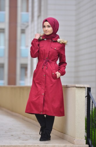 Fur Hooded Coat 4022-01 Claret Red 4022-01