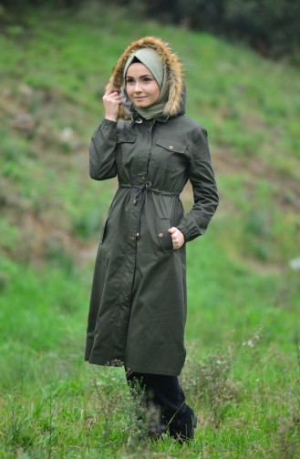 Manteau a Fourrure et Capuche 4022-04 Khaki 4022-04