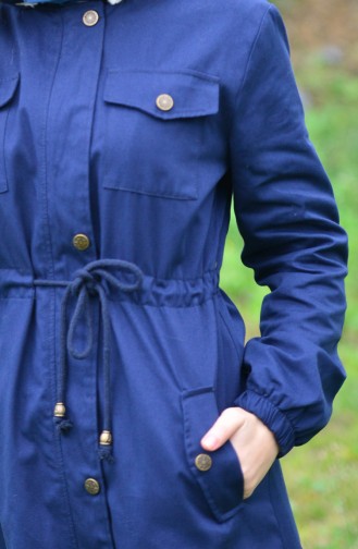 Manteau a Fourrure et Capuche 4022-06 Bleu Marine 4022-06