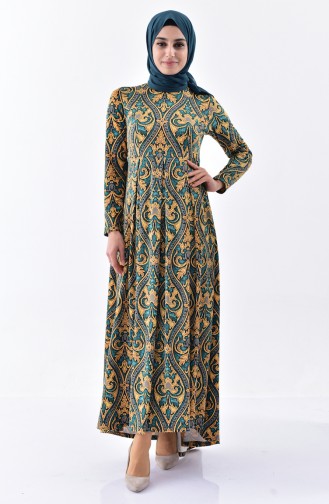 دلبر فستان بتصميم مُطبع 7127-02 لون اخضر زُمردي 7127-02