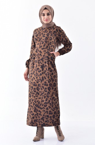 Leopar Desenli Elbise 60697-01 Kahverengi