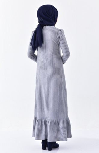فستان بتصميم مُخطط مُزين بالكشكش 7230-05 لون رمادي 7230-05