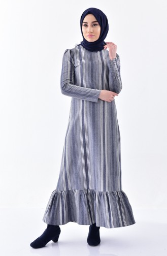 فستان بتصميم مُخطط مُزين بالكشكش 7231-02 لون رمادي 7231-02
