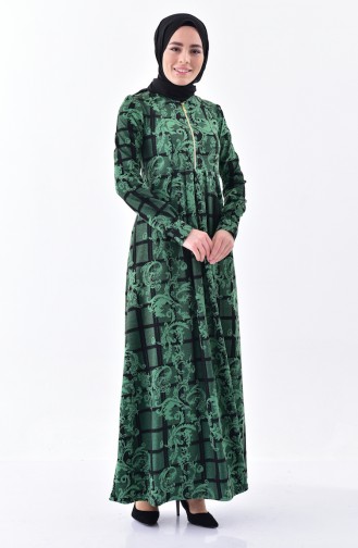 دلبر فستان بتصميم مُطبع 7134-03 لون اخضر زُمردي 7134-03