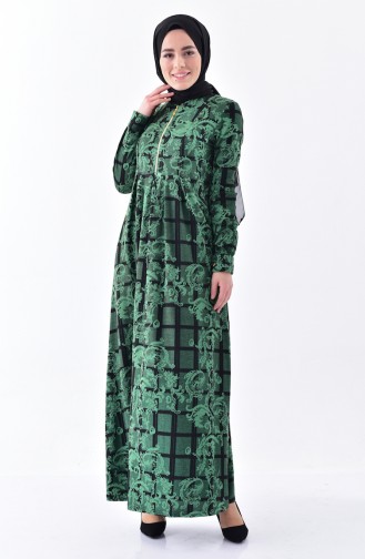 دلبر فستان بتصميم مُطبع 7134-03 لون اخضر زُمردي 7134-03