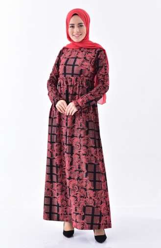 Dilber Patterned Pleated Dress 7135-04 Bordeaux 7135-04