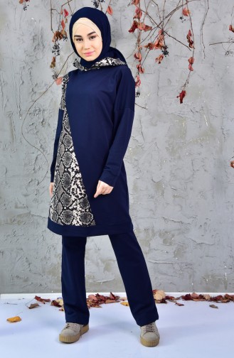 Snake Patterned Tracksuit Suit 1406-02 Navy Blue 1406-02