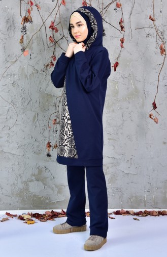 Snake Patterned Tracksuit Suit 1406-02 Navy Blue 1406-02