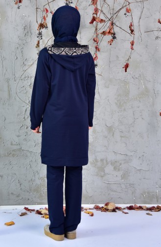 Snake Patterned Tracksuit Suit 1406-02 Navy Blue 1406-02