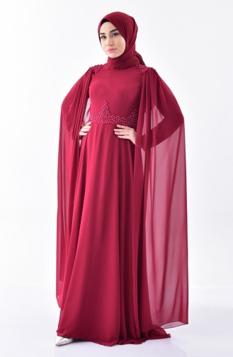 Robe de Soirée Mousseline Perlées 7084-01 Bordeaux 7084-01