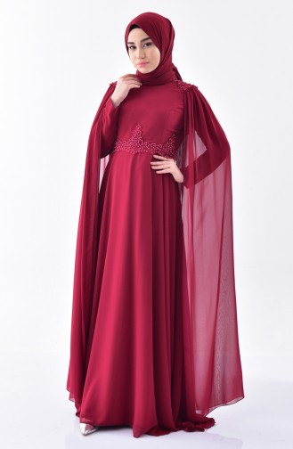 Robe de Soirée Mousseline Perlées 7084-01 Bordeaux 7084-01