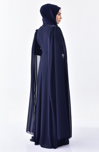 Robe de Soirée Mousseline Perlées 7084-03 Bleu Marine 7084-03
