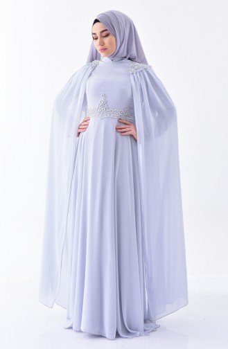 Gray Hijab Evening Dress 7084-04
