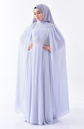 Robe de Soirée Mousseline Perlées 7084-04 Gris 7084-04