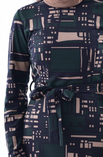 Dilber Patterned Belted Dress 7112-04 Emerald Green 7112-04