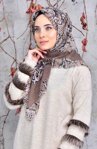 Desenli Flamlı Cotton Eşarp 2148-07 Açık Kahve