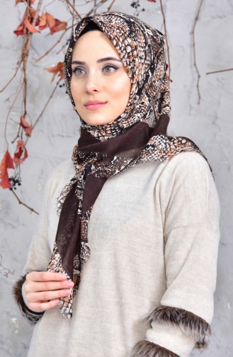 Desenli Flamlı Cotton Eşarp 2148-11 Koyu Kahverengi