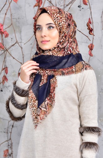 Desenli Flamlı Cotton Eşarp 2144-14 Lacivert Kahverengi 2148-14