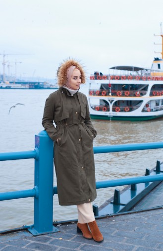 Manteau Taille Plissée 3035-01 Khaki 3035-01