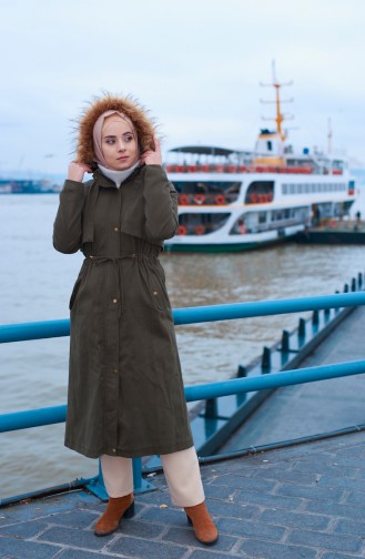 Manteau Taille Plissée 3035-01 Khaki 3035-01