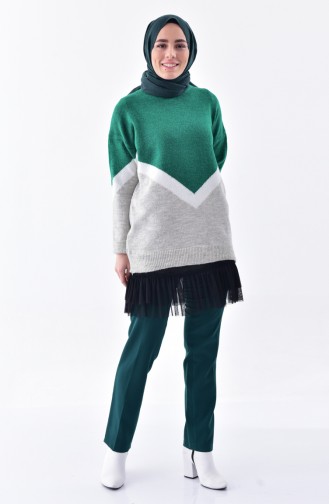 V Patterned Knitwear Sweater 2075-02 Emerald Green 2075-02