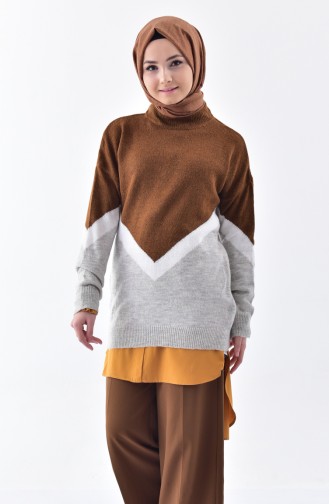 V Patterned Knitwear Sweater 2075-03 Brown 2075-03