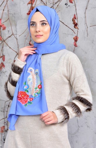 Flower Embroidered Crepe Shawl 1178-01 Blue 1178-01