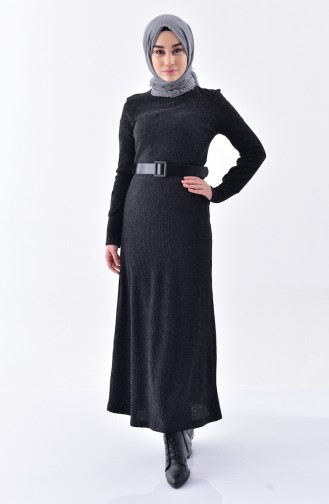 فستان تريكو بتصميم حزام للخصر 2094-04 لون اسود 2094-04
