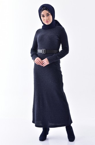 فستان تريكو بتصميم حزام للخصر 2094-05 لون كحلي 2094-05