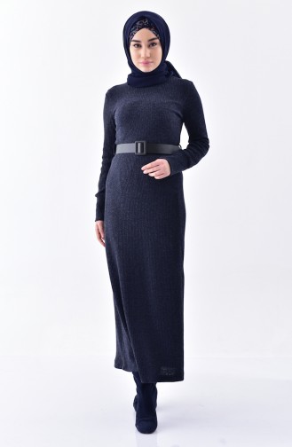 فستان تريكو بتصميم حزام للخصر 2094-05 لون كحلي 2094-05
