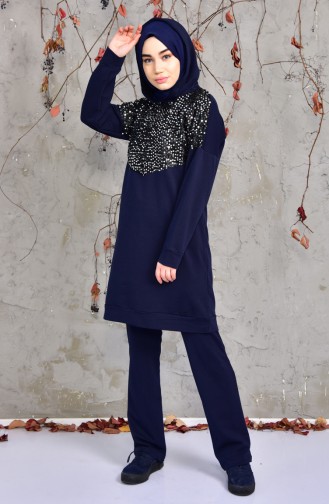 Sefa Merve Sequined Tracksuit Team 1407-02 Navy Blue 1407-02