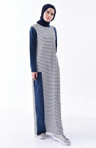 Striped Dress 1098-01 Ecru Navy Blue 1098-01